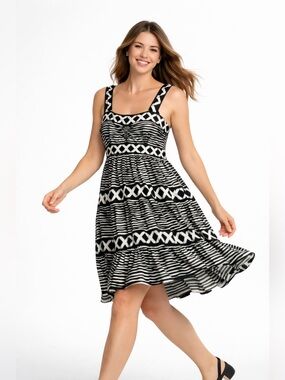 Anthropologie Tracy Reese Black White Abstract Tiered Layered Dress L New